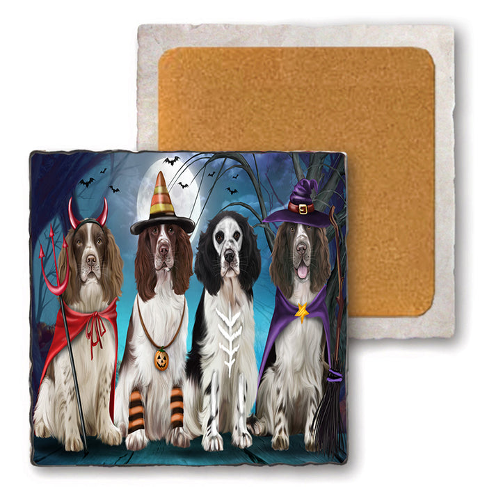 Happy Halloween Trick or Treat Springer Spaniels Dog Set of 4 Natural Stone Marble Tile Coasters MCST49487