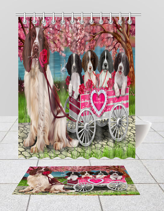 I Love Springer Spaniel Dogs in a Cart Bath Mat and Shower Curtain Combo