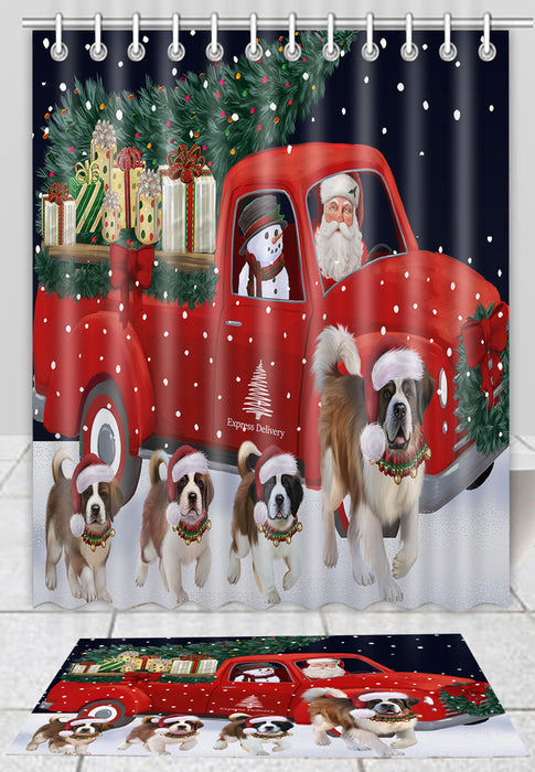 Christmas Express Delivery Red Truck Running Saint Bernard Dogs Bath Mat and Shower Curtain Combo