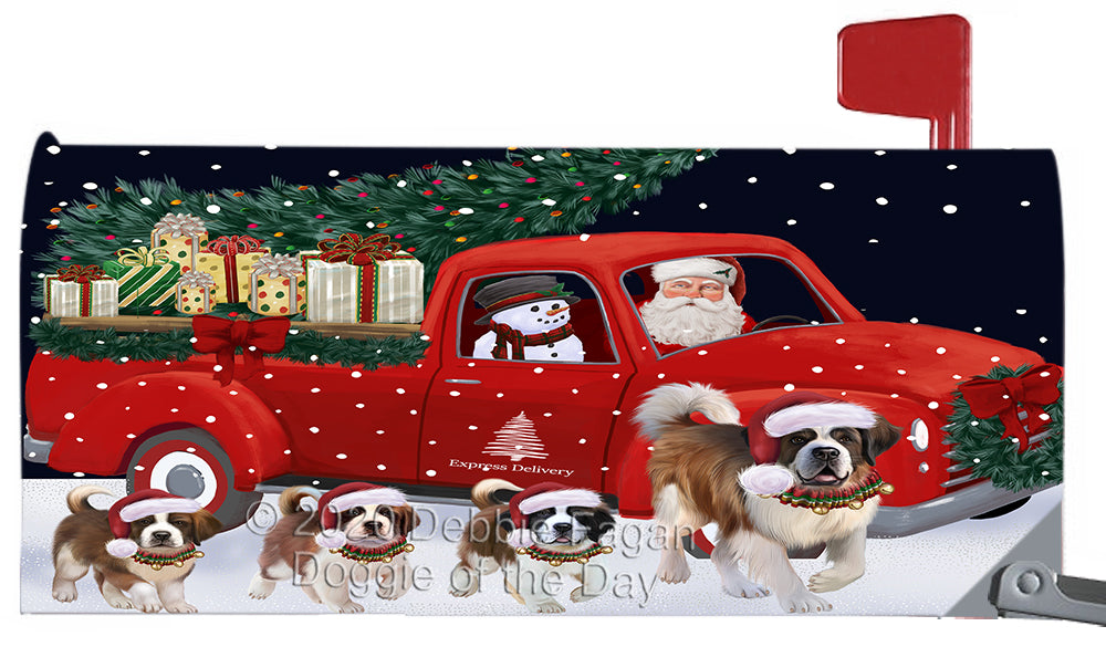 Christmas Express Delivery Red Truck Running Saint Bernard Dog Magnetic Mailbox Cover Both Sides Pet Theme Printed Decorative Letter Box Wrap Case Postbox Thick Magnetic Vinyl Material