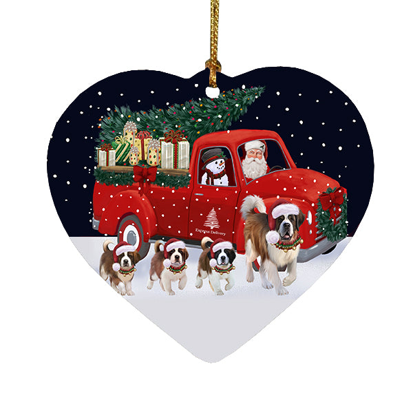 Christmas Express Delivery Red Truck Running Saint Bernard Dogs Heart Christmas Ornament RFPOR58124