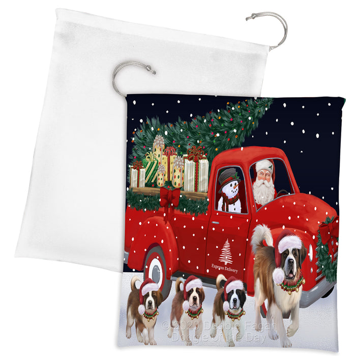 Christmas Express Delivery Red Truck Running Saint Bernard Dogs Drawstring Laundry or Gift Bag LGB48934