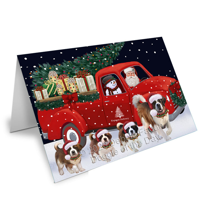 Christmas Express Delivery Red Truck Running Saint Bernard Dogs Handmade Artwork Assorted Pets Greeting Cards and Note Cards with Envelopes for All Occasions and Holiday Seasons GCD75236