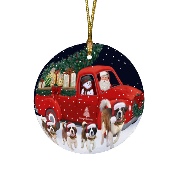 Christmas Express Delivery Red Truck Running Saint Bernard Dogs Round Flat Christmas Ornament RFPOR57782