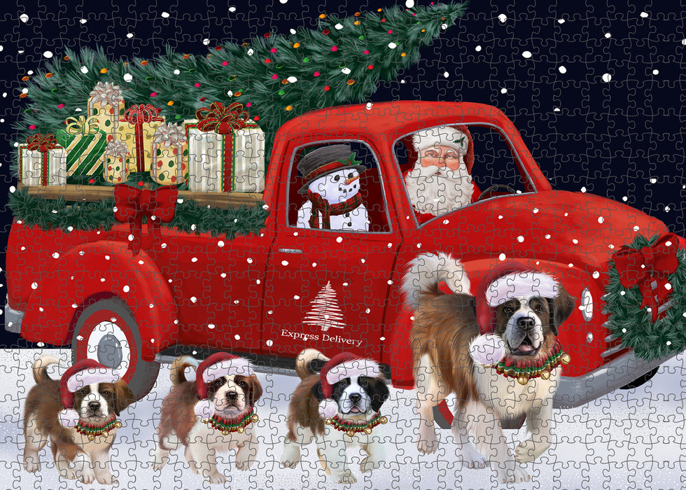 Christmas Express Delivery Red Truck Running Saint Bernard Dogs Puzzle with Photo Tin PUZL99828