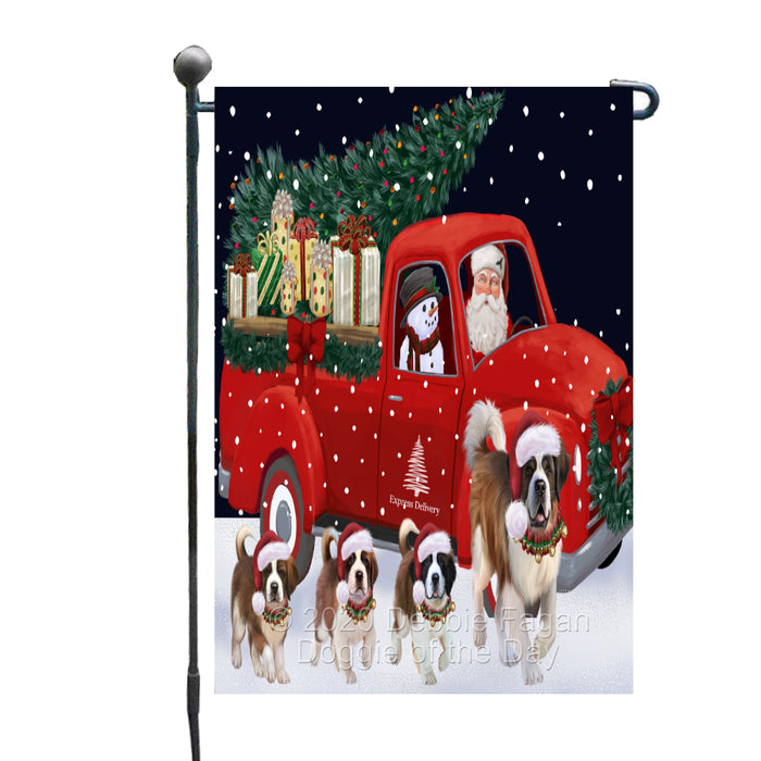 Christmas Express Delivery Red Truck Running Saint Bernard Dogs Garden Flag GFLG66498