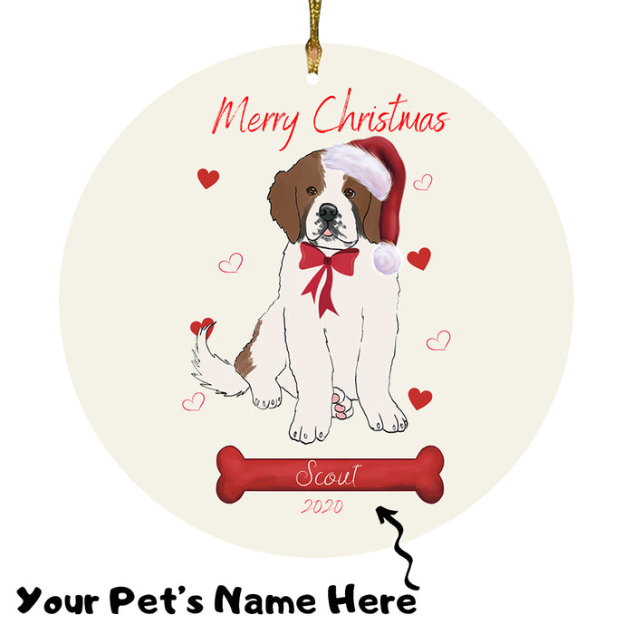 Personalized Merry Christmas  Saint Bernard Dog Christmas Tree Round Flat Ornament RBPOR59022