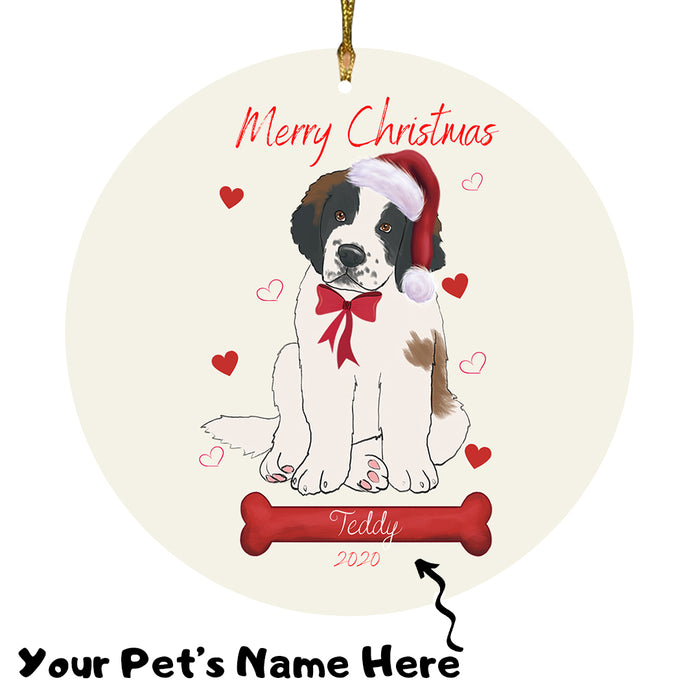 Personalized Merry Christmas  Saint Bernard Dog Christmas Tree Round Flat Ornament RBPOR59023