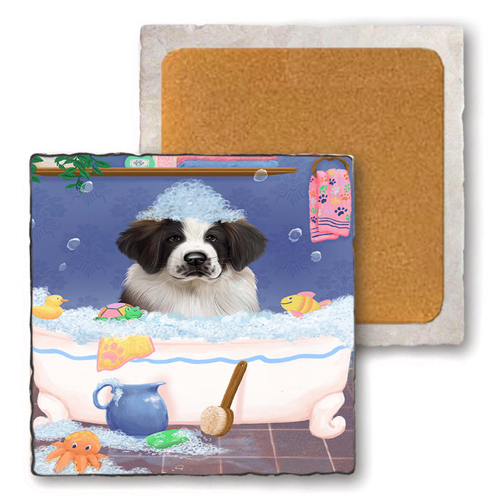 Rub A Dub Dog In A Tub Saint Bernard Dog Set of 4 Natural Stone Marble Tile Coasters MCST52463