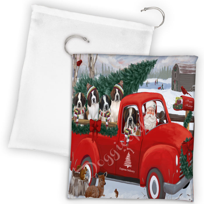 Christmas Santa Express Delivery Red Truck Saint Bernard Dogs Drawstring Laundry or Gift Bag LGB48347