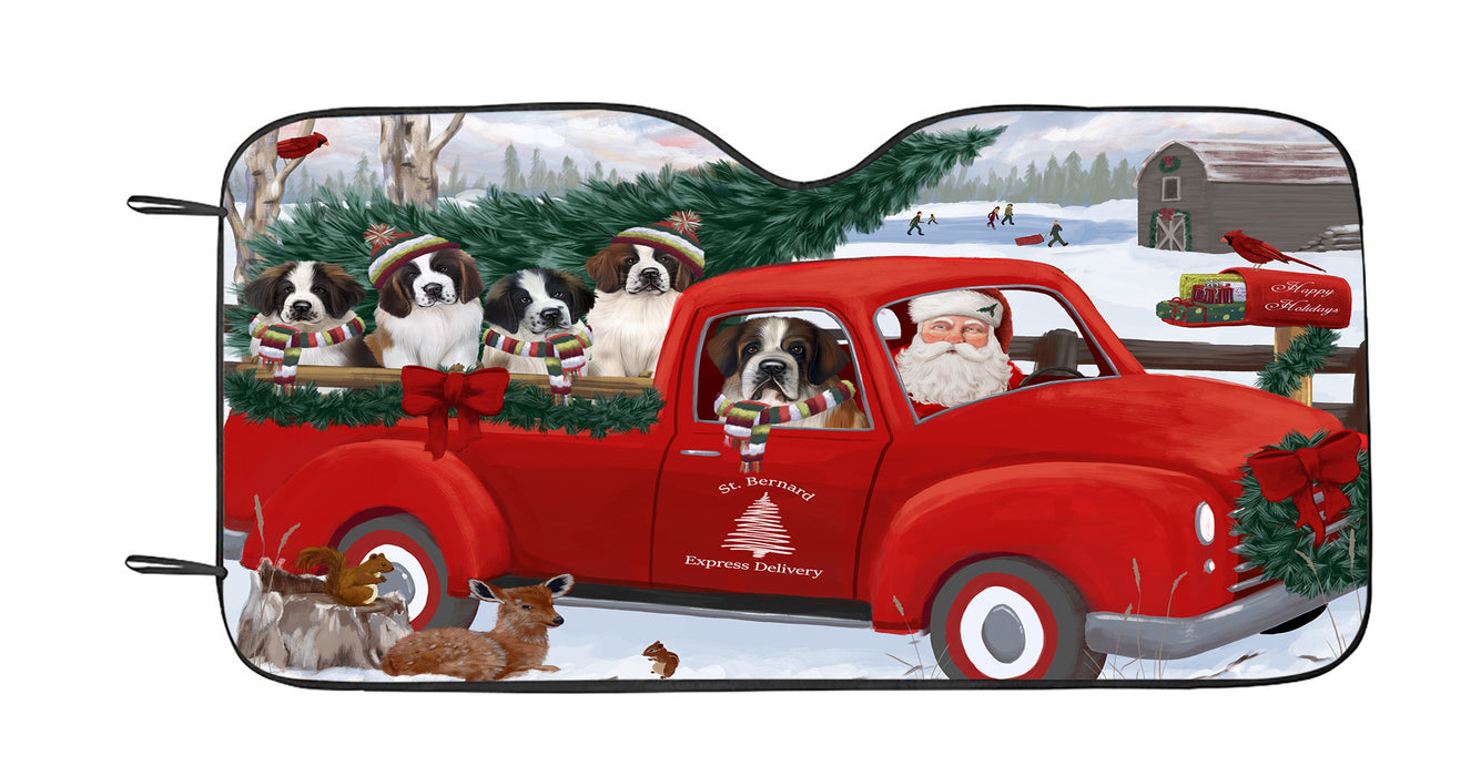 Christmas Santa Express Delivery Red Truck Saint Bernard Dogs Car Sun Shade