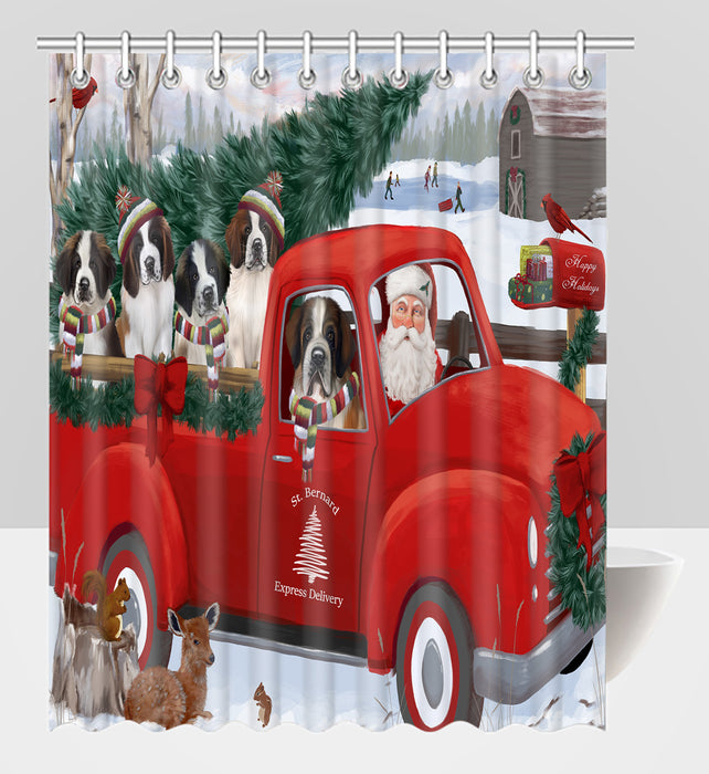 Christmas Santa Express Delivery Red Truck Saint Bernard Dogs Shower Curtain