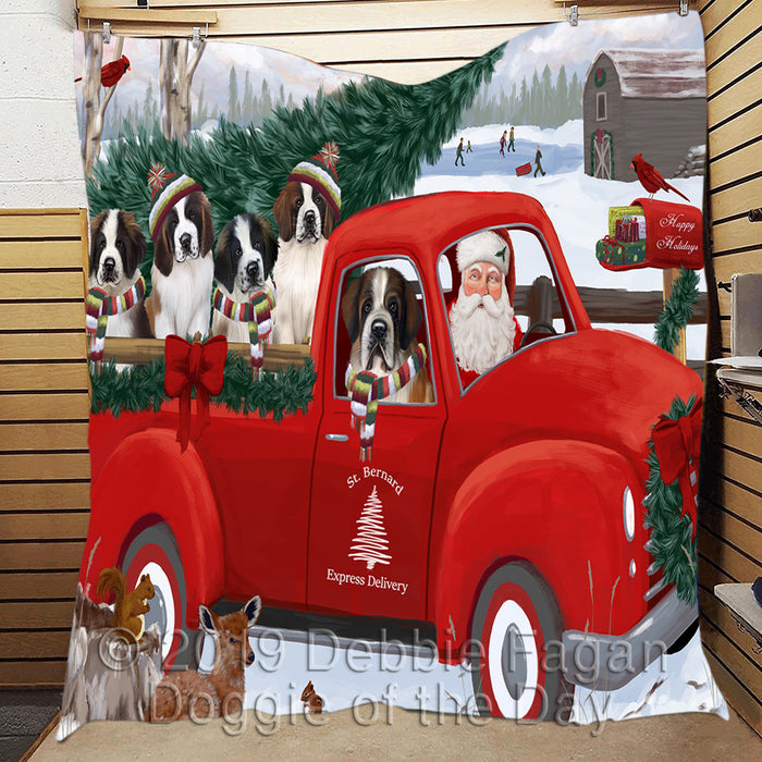 Christmas Santa Express Delivery Red Truck Saint Bernard Dogs Quilt