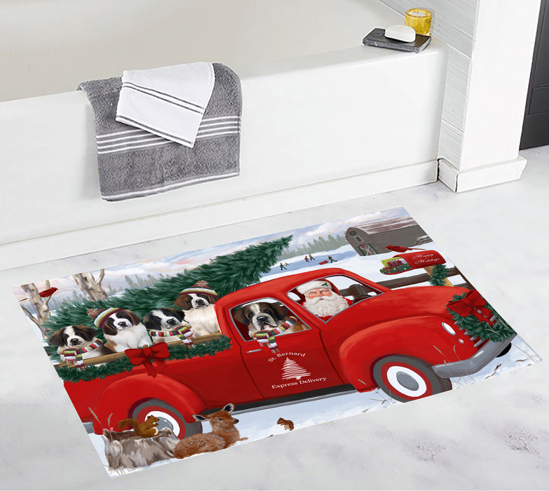 Christmas Santa Express Delivery Red Truck Saint Bernard Dogs Bath Mat