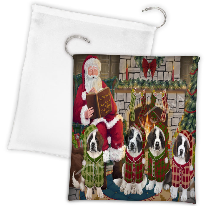 Christmas Cozy Holiday Fire Tails Saint Bernard Dogs Drawstring Laundry or Gift Bag LGB48541