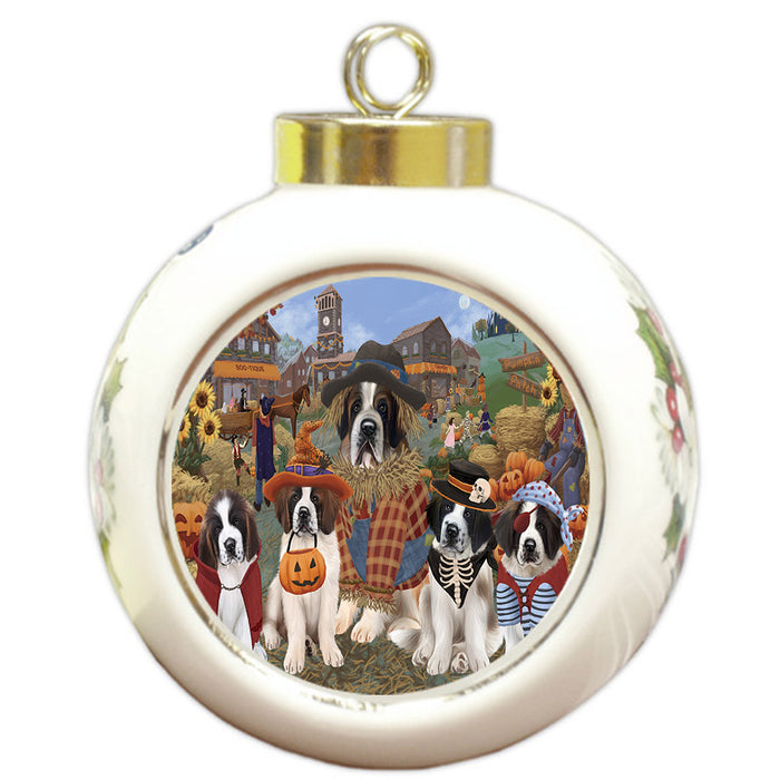 Halloween 'Round Town And Fall Pumpkin Scarecrow Both Saint Bernard Dogs Round Ball Christmas Ornament RBPOR57613