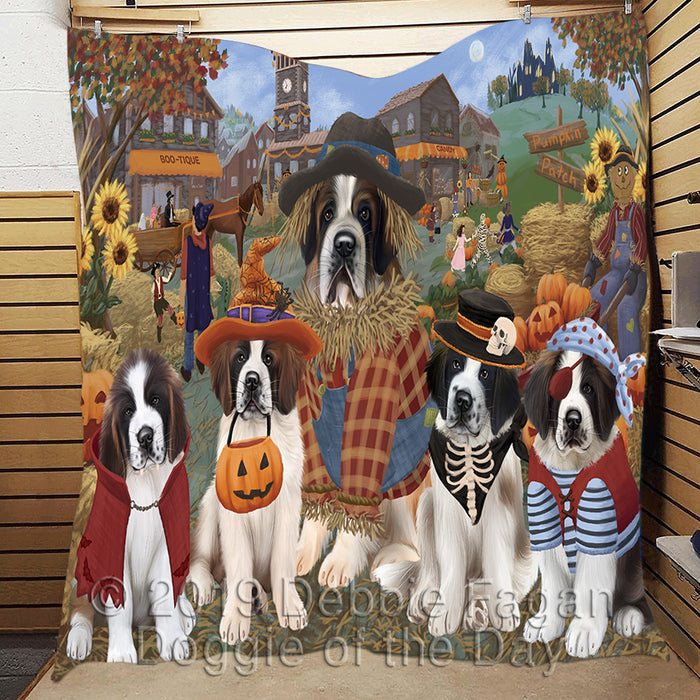Halloween 'Round Town and Fall Pumpkin Scarecrow Both Saint Bernard Dogs Quilt