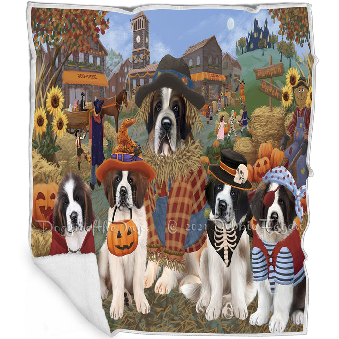 Halloween 'Round Town And Fall Pumpkin Scarecrow Both Saint Bernard Dogs Blanket BLNKT143636