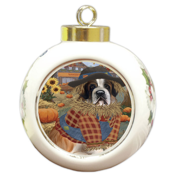 Halloween 'Round Town And Fall Pumpkin Scarecrow Both Saint Bernard Dog Round Ball Christmas Ornament RBPOR57674