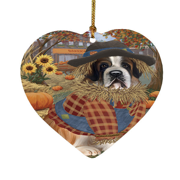 Fall Pumpkin Scarecrow Saint Bernard Dogs Heart Christmas Ornament HPOR57770