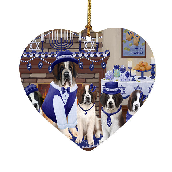 Happy Hanukkah Family Saint Bernard Dogs Heart Christmas Ornament HPOR57739