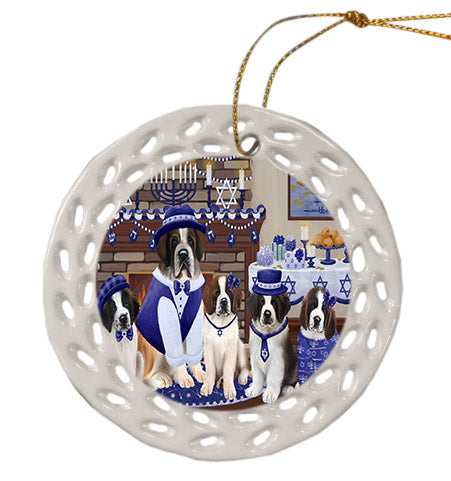 Happy Hanukkah Family Saint Bernard Dogs Ceramic Doily Ornament DPOR57739
