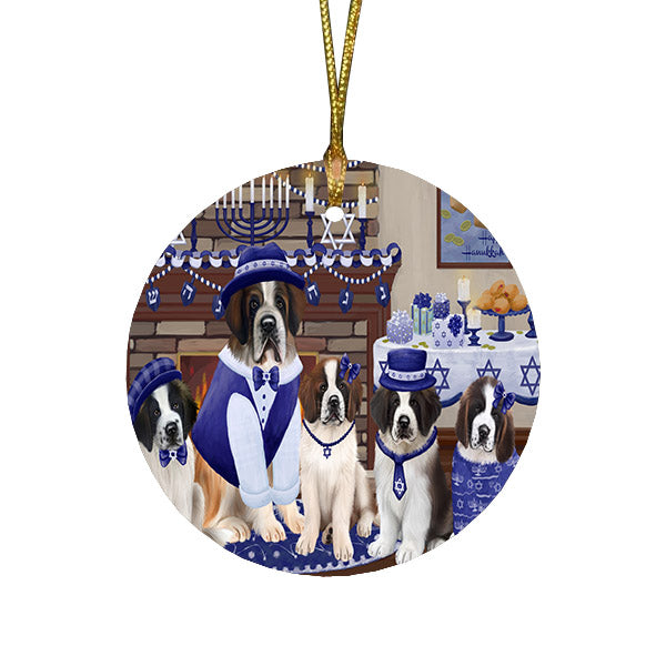Happy Hanukkah Family and Happy Hanukkah Both Saint Bernard Dogs Round Flat Christmas Ornament RFPOR57643