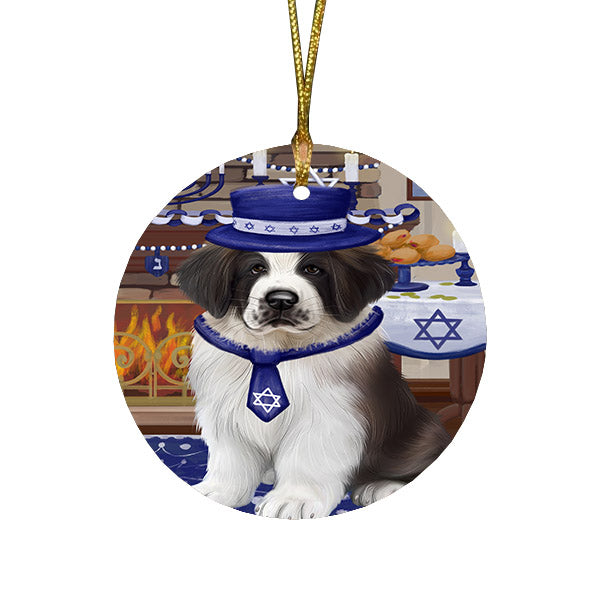 Happy Hanukkah Family and Happy Hanukkah Both Saint Bernard Dog Round Flat Christmas Ornament RFPOR57704