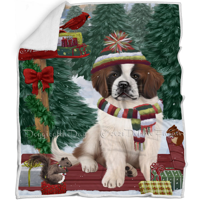 Merry Christmas Woodland Sled Saint Bernard Dog Blanket BLNKT114573