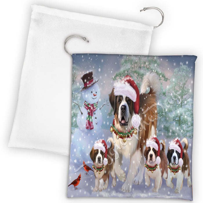 Christmas Running Fammily St. Bernard Dogs Drawstring Laundry or Gift Bag LGB48254