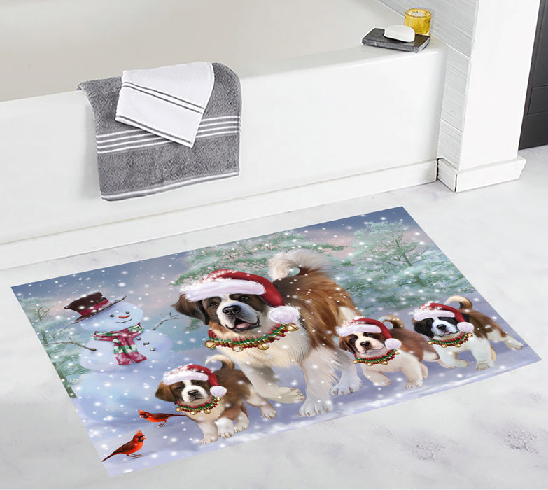 Christmas Running Fammily Saint Bernard Dogs Bath Mat