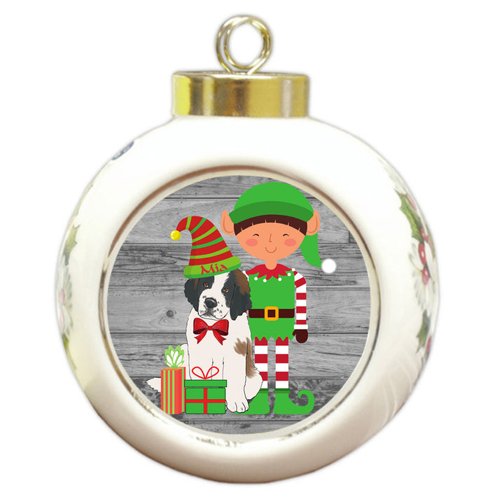 Custom Personalized Saint Bernard Dog Elfie and Presents Christmas Round Ball Ornament