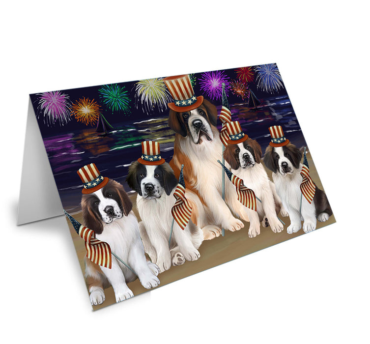 4th of July Independence Day Firework Saint Bernards Dog Handmade Artwork Assorted Pets Greeting Cards and Note Cards with Envelopes for All Occasions and Holiday Seasons GCD52877