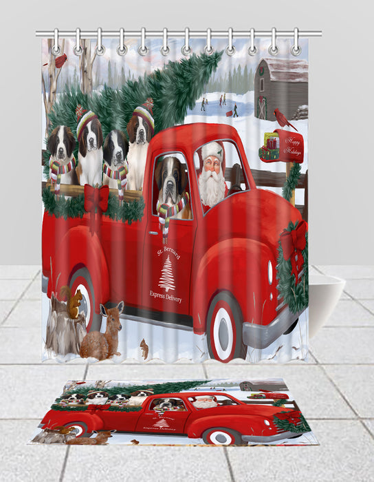 Christmas Santa Express Delivery Red Truck Saint Bernard Dogs Bath Mat and Shower Curtain Combo