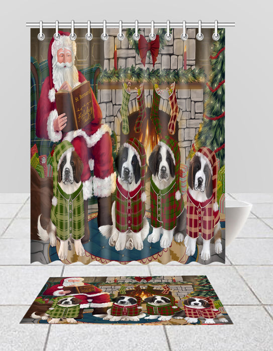 Christmas Cozy Holiday Fire Tails Saint Bernard Dogs Bath Mat and Shower Curtain Combo