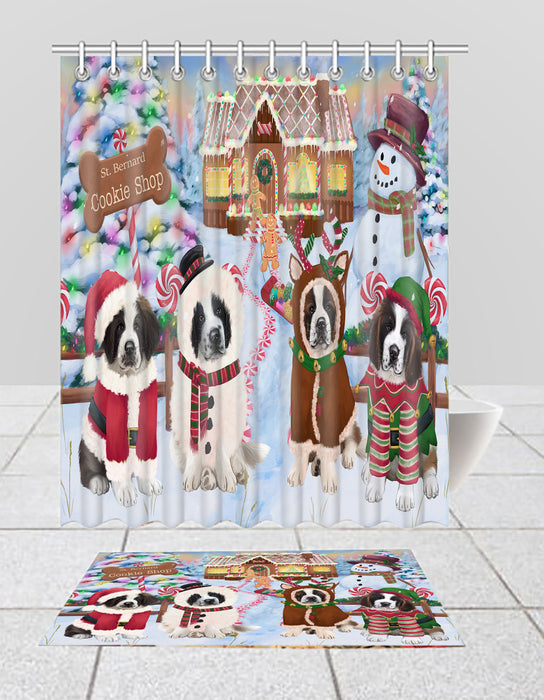 Holiday Gingerbread Cookie Saint Bernard Dogs  Bath Mat and Shower Curtain Combo