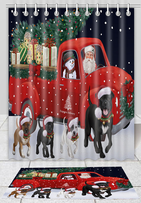 Christmas Express Delivery Red Truck Running Staffordshire Bull Terrier Dogs Bath Mat and Shower Curtain Combo