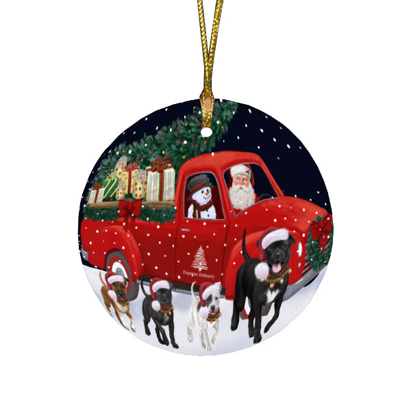 Christmas Express Delivery Red Truck Running Staffordshire Bull Terrier Dogs Round Flat Christmas Ornament RFPOR57783