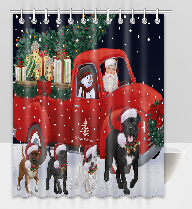 Christmas Express Delivery Red Truck Running Staffordshire Bull Terrier Dogs Shower Curtain Bathroom Accessories Decor Bath Tub Screens
