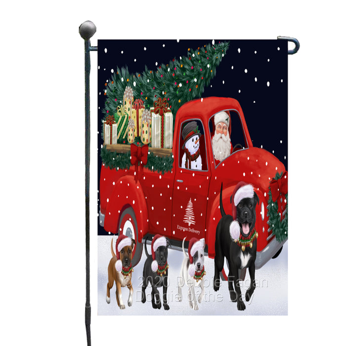 Christmas Express Delivery Red Truck Running Staffordshire Bull Terrier Dogs Garden Flag GFLG66499