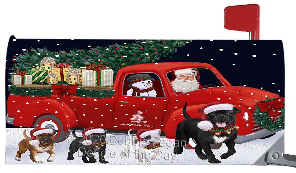 Christmas Express Delivery Red Truck Running Staffordshire Bull Terrier Dog Magnetic Mailbox Cover Both Sides Pet Theme Printed Decorative Letter Box Wrap Case Postbox Thick Magnetic Vinyl Material