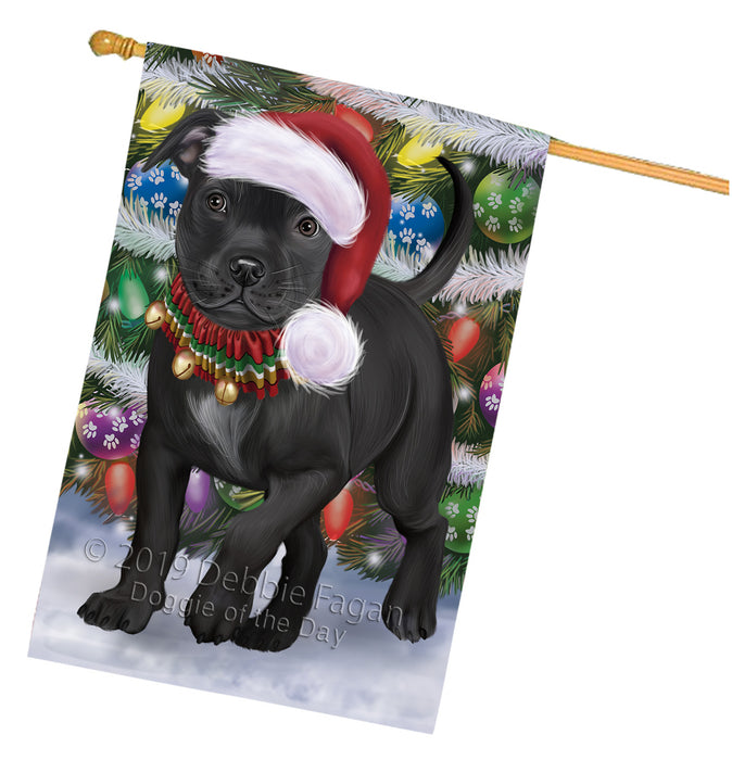 Chistmas Trotting in the Snow Staffordshire Bull Terrier Dog House Flag Outdoor Decorative Double Sided Pet Portrait Weather Resistant Premium Quality Animal Printed Home Decorative Flags 100% Polyester FLG69669
