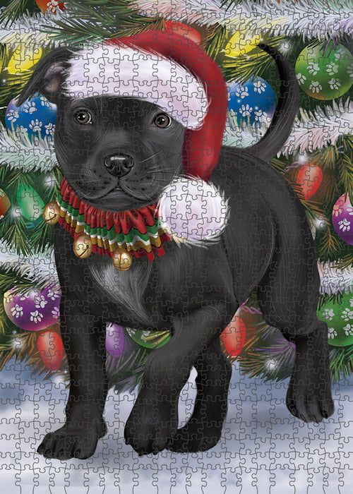 Chistmas Trotting in the Snow Staffordshire Bull Terrier Dog Portrait Jigsaw Puzzle for Adults Animal Interlocking Puzzle Game Unique Gift for Dog Lover's with Metal Tin Box PZL979