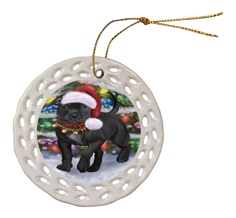 Chistmas Trotting in the Snow Staffordshire Bull Terrier Dog Doily Ornament DPOR59167