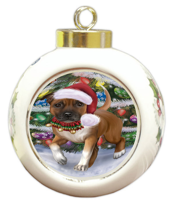 Chistmas Trotting in the Snow Staffordshire Bull Terrier Dog Round Ball Christmas Ornament Pet Decorative Hanging Ornaments for Christmas X-mas Tree Decorations - 3" Round Ceramic Ornament RBPOR59744