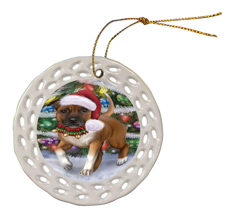 Chistmas Trotting in the Snow Staffordshire Bull Terrier Dog Doily Ornament DPOR59168