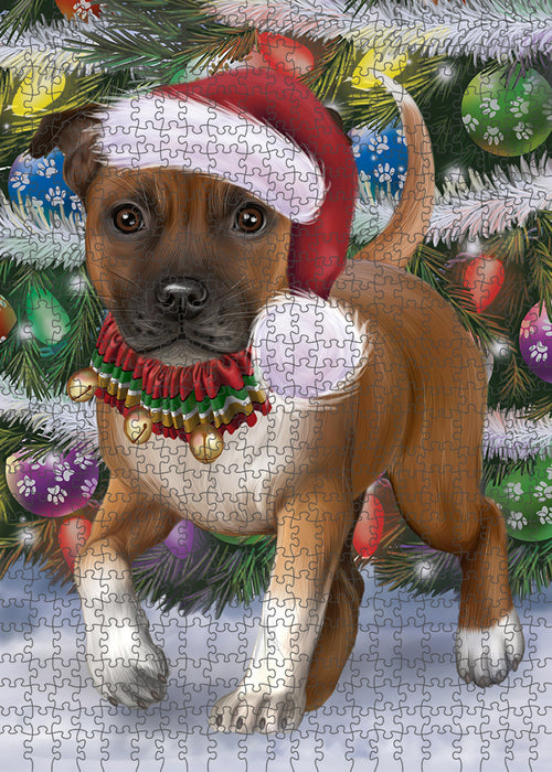 Chistmas Trotting in the Snow Staffordshire Bull Terrier Dog Portrait Jigsaw Puzzle for Adults Animal Interlocking Puzzle Game Unique Gift for Dog Lover's with Metal Tin Box PZL980