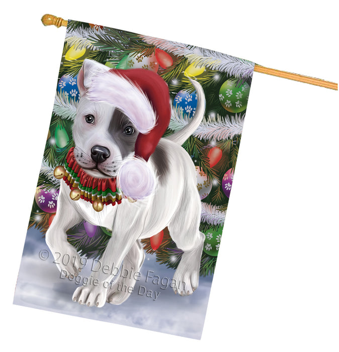 Chistmas Trotting in the Snow Staffordshire Bull Terrier Dog House Flag Outdoor Decorative Double Sided Pet Portrait Weather Resistant Premium Quality Animal Printed Home Decorative Flags 100% Polyester FLG69671