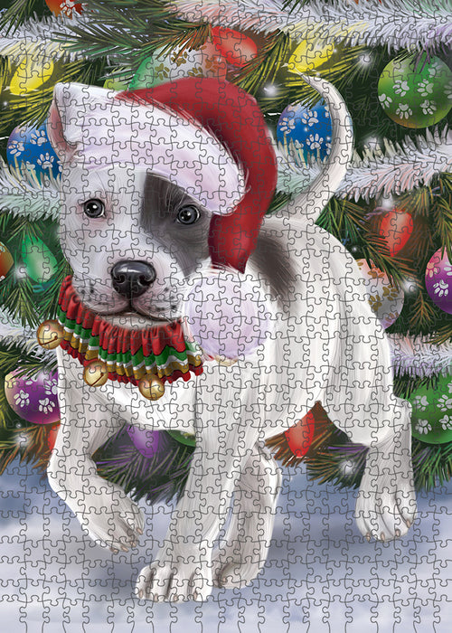 Chistmas Trotting in the Snow Staffordshire Bull Terrier Dog Portrait Jigsaw Puzzle for Adults Animal Interlocking Puzzle Game Unique Gift for Dog Lover's with Metal Tin Box PZL981