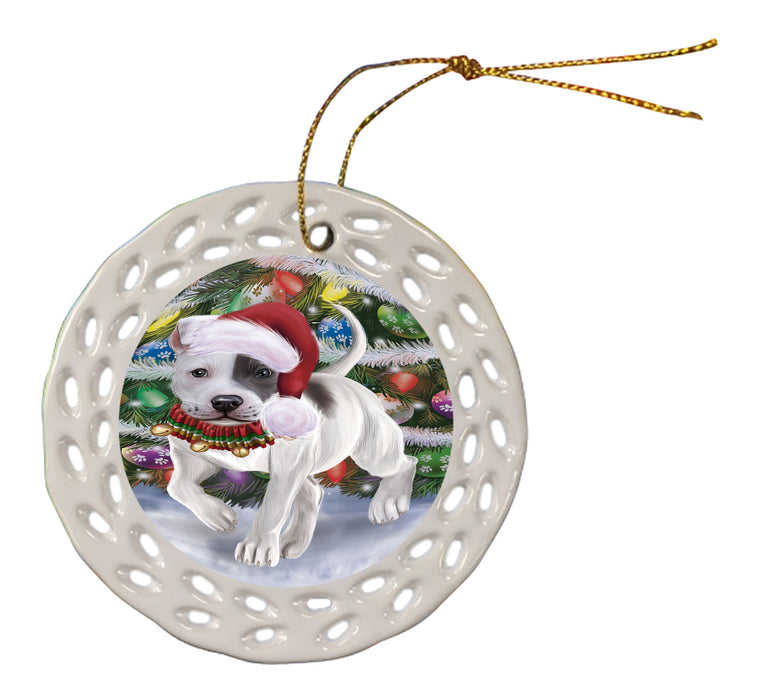 Chistmas Trotting in the Snow Staffordshire Bull Terrier Dog Doily Ornament DPOR59169